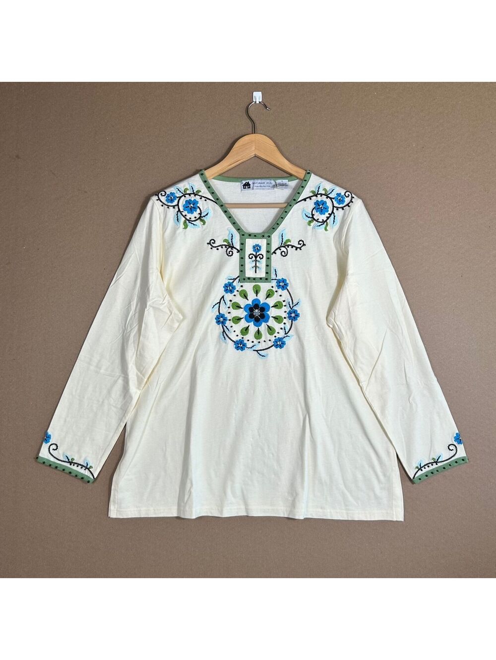 Vintage Storybook Knits HSN Floral Embroidered Cotton Top Cream Cottagecore 1X